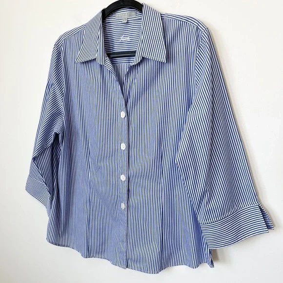 Foxcroft Wrinkle Free Fitted Button Up Shirt Blue White Stripe Womens 18 - Picture 2 of 9